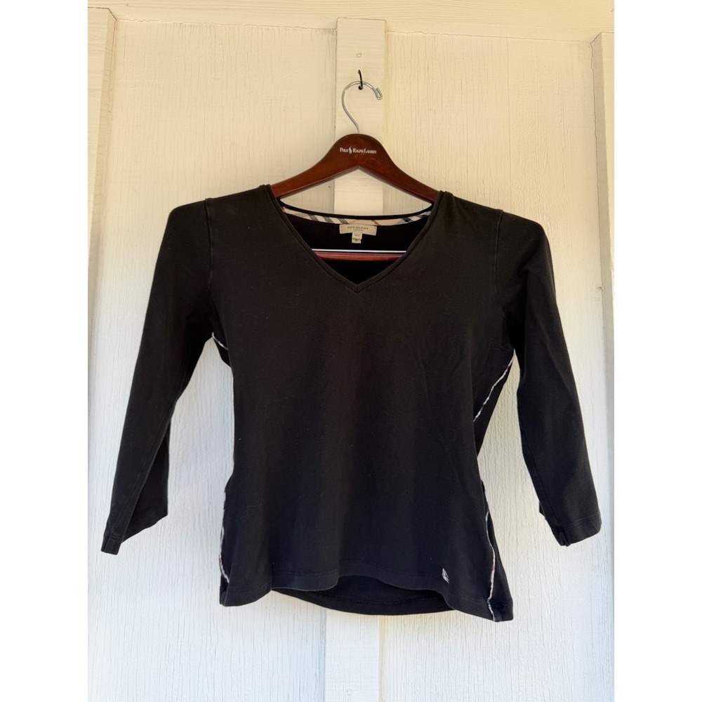 Burberry Womens Black V Neck 3/4 Sleeve Pullover Blouse Top Size Small